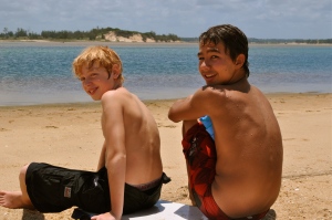 Will and Owald, exhausted after leaping in waves (Feb 2011)
